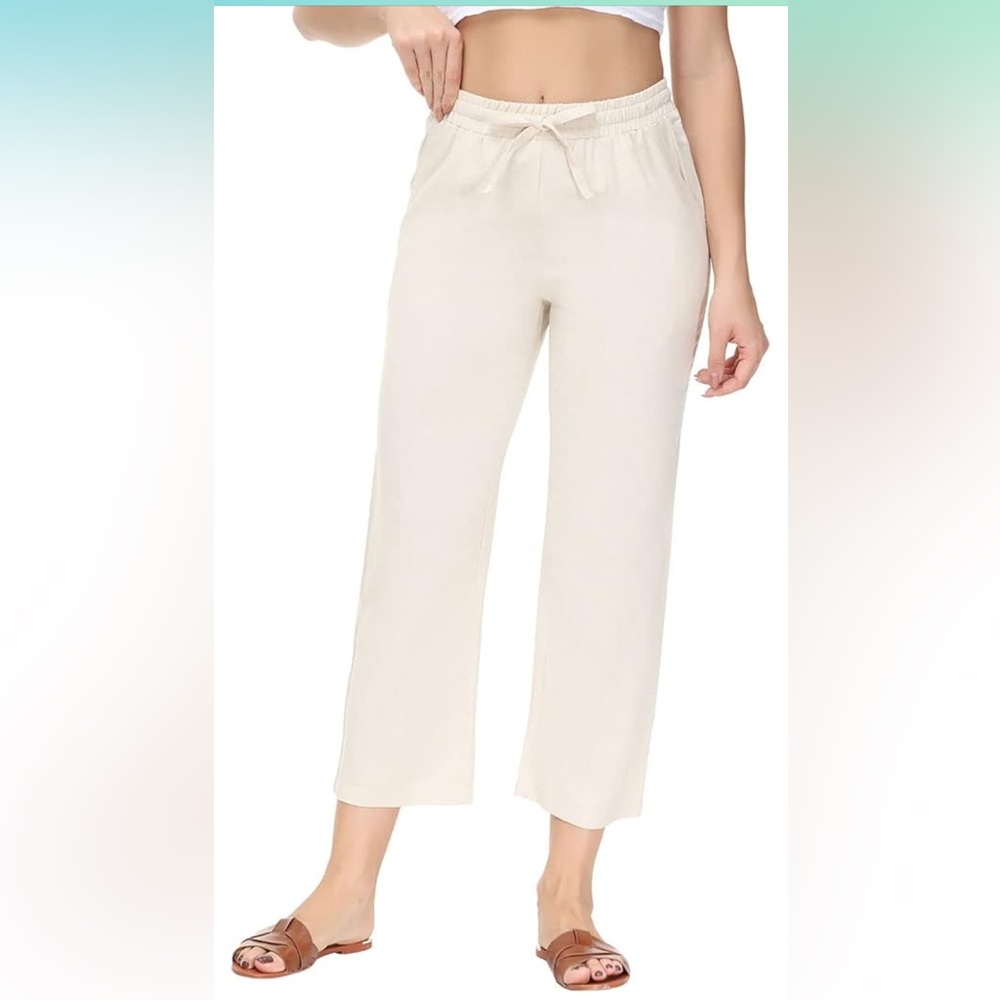 Women’s Linen Blend Drawstring Wide Leg Crop Pant in White XL